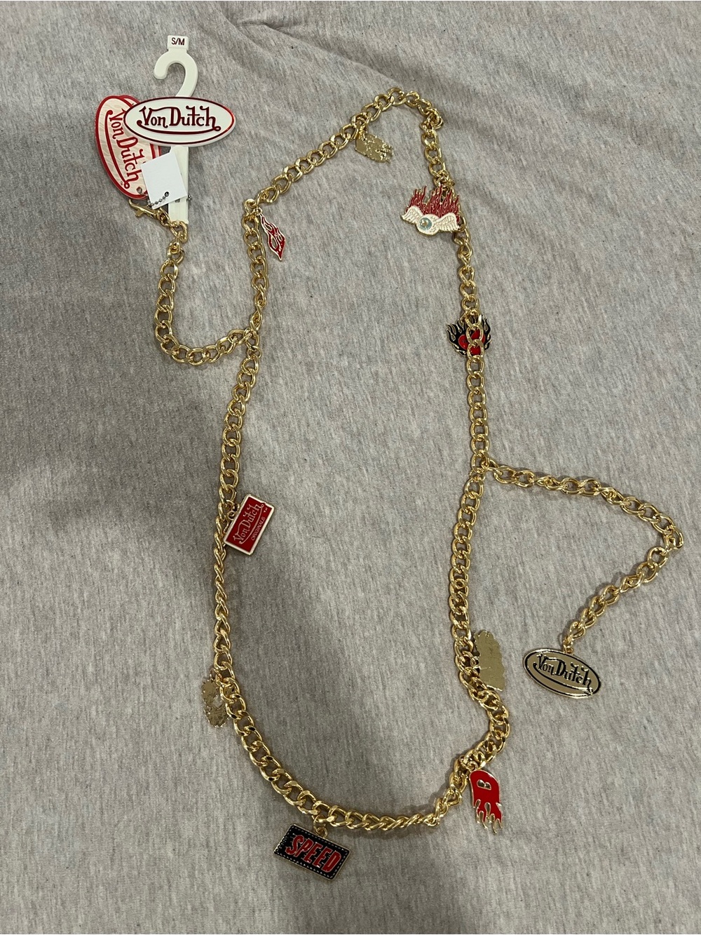 Von Dutch Gold-Tone Charm Chain Belt Necklace - Red & Gold Size S/M